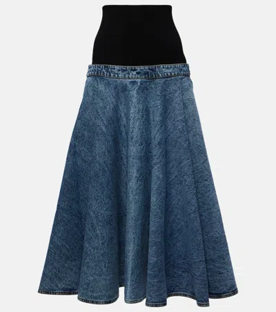 Alaïa Denim And Cotton Jersey Midi Skirt In Blue