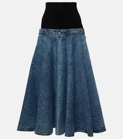ALAÏA ALAIA DENIM AND COTTON JERSEY MIDI SKIRT