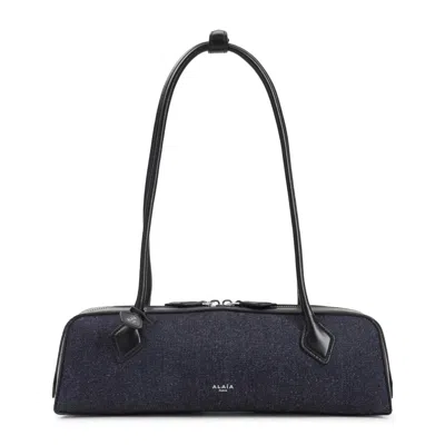 Alaïa Denim Blue Cotton Teckel Medium Shoulder Bag In Black