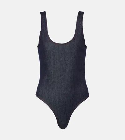 Alaïa Denim Bodysuit In Blue