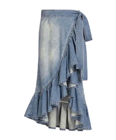 Alaïa Denim Ruffle Skirt In Blue