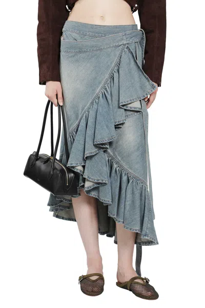 Alaïa Denim Ruffle Skirt In Blue