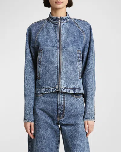 Alaïa Denim Zip-up Jacket With Rounded Sleeves In Bleu Neige