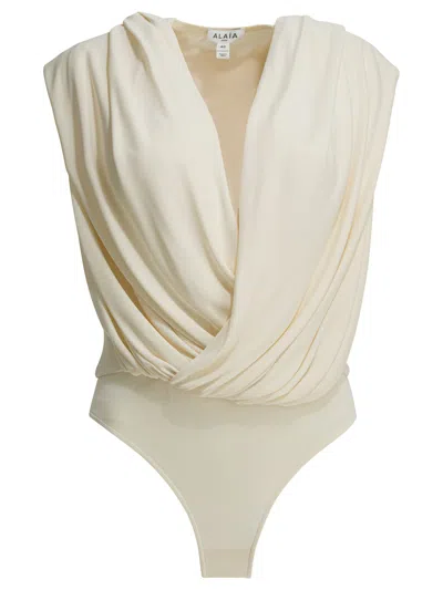 Alaïa Draped Bodysuit With Hood Tops White In Neutral