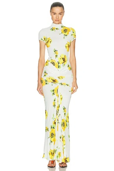 Alaïa Mock-neck Draped Floral Jersey Cap-sleeve Maxi Dress In Yellow