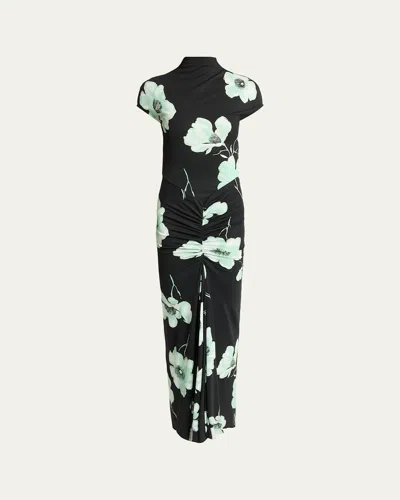 Alaïa Draped Floral-print Jersey Maxi Dress In Black