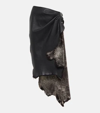 Alaïa Draped High-rise Leather And Shearling Midi Skirt In Black