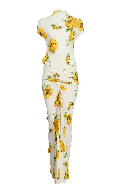 Alaïa Floral-print Jersey Draped Maxi Dress In Yellow