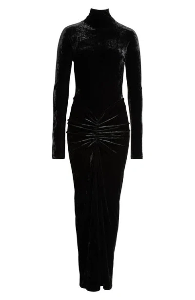 Alaïa Draped Long Sleeve Body-con Velvet Dress In Noir Alaia