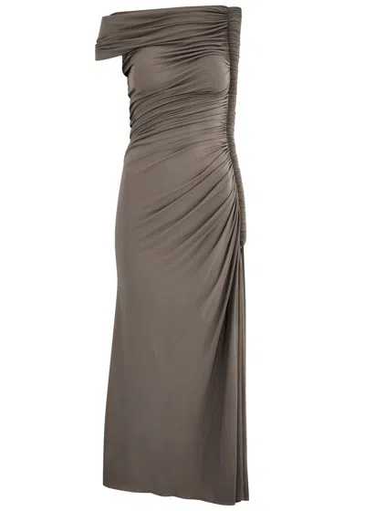 Alaïa Draped Off-the-shoulder Jersey Midi Dress In Taupe