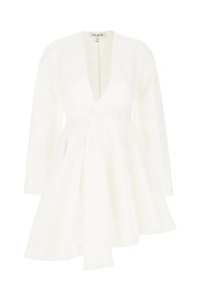 Alaïa Asym Belt Dress In Poplin In White