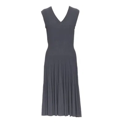 Pre-owned Alaïa Alaia Dust Grey Ribbed V-neck Sleeveless Fit Flared Cocktail Dress M In Gray