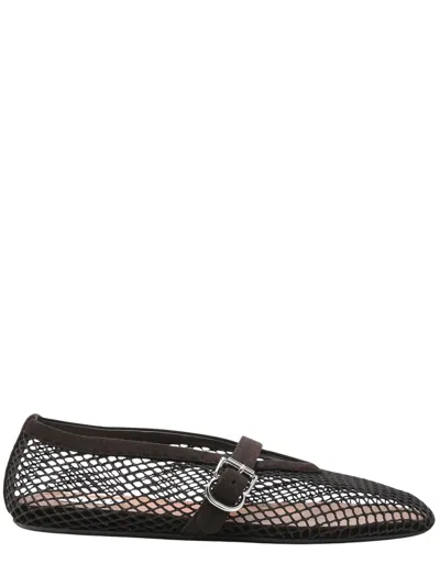 Alaïa Elegant Mesh Flat Ballerina With Trapeze Toe And Suede Strap Closure In Brown