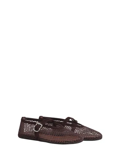 Alaïa Elegant Mesh Flat Ballerina With Trapeze Toe And Suede Strap Closure In Brown