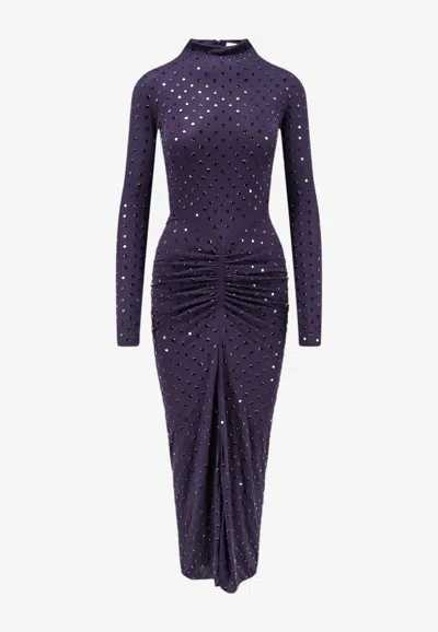 Alaïa Embellished High-neck Draped Midi Dress In Aubergine