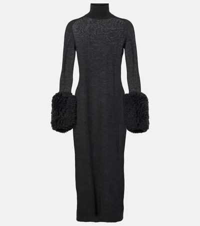 Alaïa Faux Shearling-trimmed Virgin Wool Midi Dress In Black