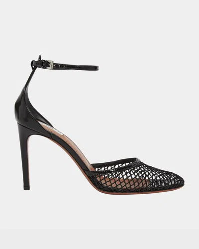 ALAÏA FISHNET PATENT ANKLE-STRAP PUMPS