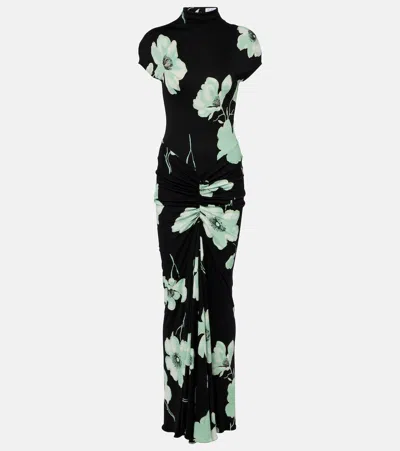 Alaïa Ruched Floral Maxi Dress Cap Sleeves Neckline In Black