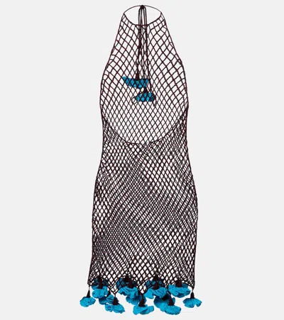 Alaïa Floral-appliqué Open-knit Cotton Minidress In Black