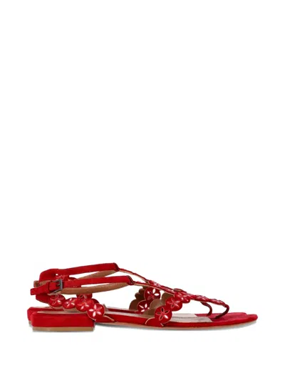 Pre-owned Alaïa Flower-embellished Laser-cut Ankle-strap Sandals In Red