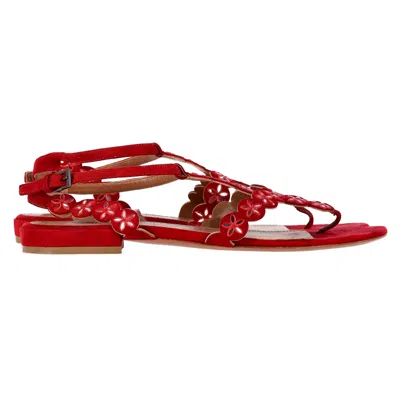 Alaïa Flower Lasercut Ankle Strap Flat Sandals In Red Suede