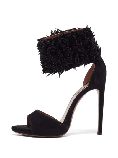 Pre-owned Alaïa Fringed Ankle-cuff Chamois Sandals In Black