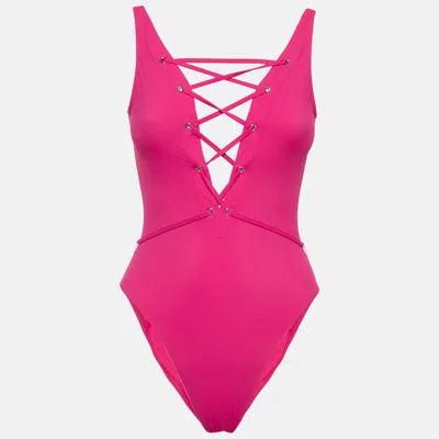 Pre-owned Alaïa Fuchsia Jersey Lace Detail Sculpting Swimwear S In Pink