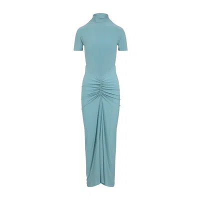 Alaïa Gathered Waist Midi Dress In Viscose Blend In Blue