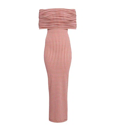 Alaïa Gingham Off-the-shoulder Midi Dress In Brown