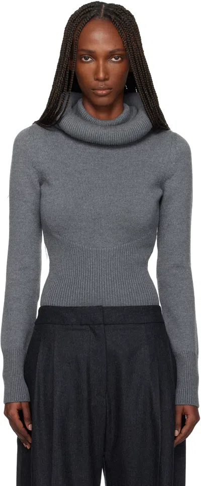 Alaïa Gray Sculptural Hood Ribbed Knit Turtleneck