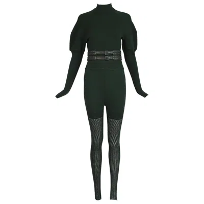 Pre-owned Alaïa Alaia Green Knit Body Suit, Stirrup Leggings & Matching Leather Belt