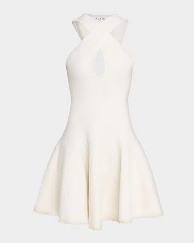 Alaïa Halterneck Compact Knit Mini Dress In Blanc Naturel
