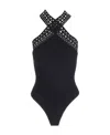 Alaïa Vienne Lasercut Crossover Halter Bodysuit In Black
