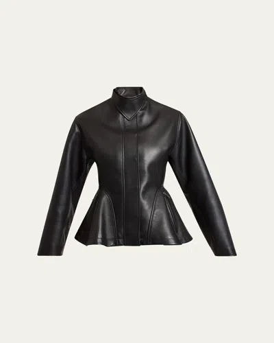 Alaïa High-neck Leather Peplum Jacket In Black