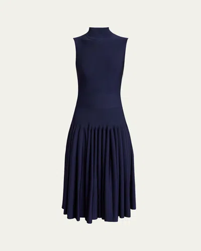 ALAÏA HIGH-NECK PLEATED KNIT MIDI DRESS