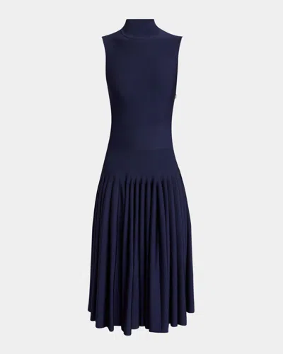 ALAÏA HIGH-NECK PLEATED KNIT MIDI DRESS