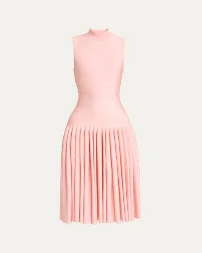 ALAÏA HIGH-NECK PLEATED KNIT MIDI DRESS
