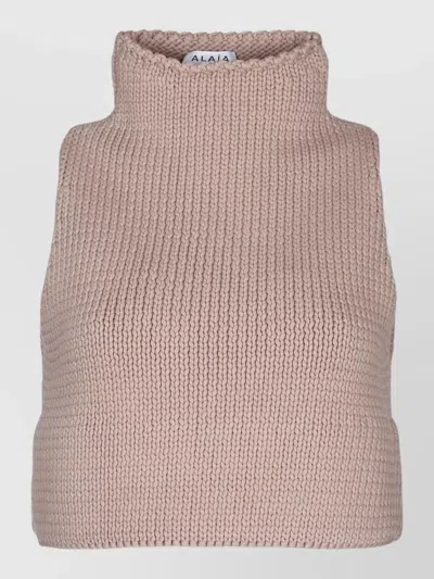 Alaïa High Neck Sleeveless Ribbed Knit Top In Purple