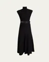 Alaïa Belted Leather-trimmed Wool-blend Turtleneck Midi Dress In Noir Alaia