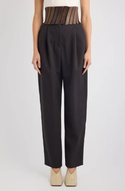 Alaïa High Waist Wool Gabardine Straight Leg Pants With Leather Belt In Brown