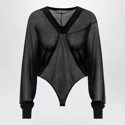 Alaïa Hooded Black Bodysuit In Fine Knit