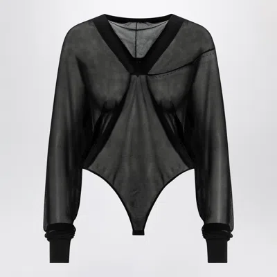Alaïa Hooded Black Bodysuit In Fine Knit