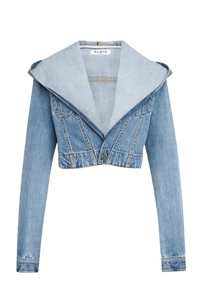 Alaïa Hooded Denim Jacket With Cinched Waist In Vintage Blue