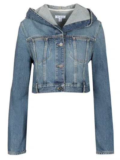 Alaïa Hooded Denim Jacket Jackets Blue In Vintage Blue