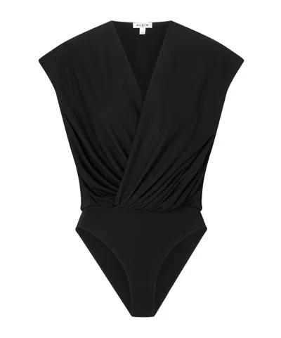 Alaïa Hooded Draped Jersey Bodysuit In Black
