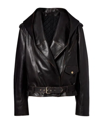 Alaïa Hooded Leather Cotton Jacket In Black