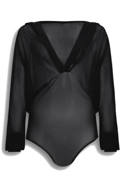 ALAÏA ALAÏA HOODED LONG SLEEVE MESH BODYSUIT
