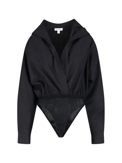 Alaïa Hooded V-neck Bodysuit In Black
