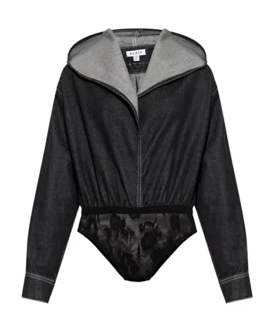 Alaïa Hooded V-neck Denim Bodysuit In Black