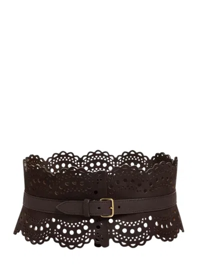 Alaïa Alaia Iconic Leather Bustier Belt With Perforations, Scalloped Edges & Slim Buckle In Brown